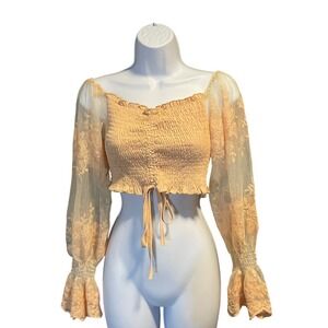 Womens Vintage Y2K Fairy Smocked Sheer Floral Lace Mesh Crop Top Size L Festival